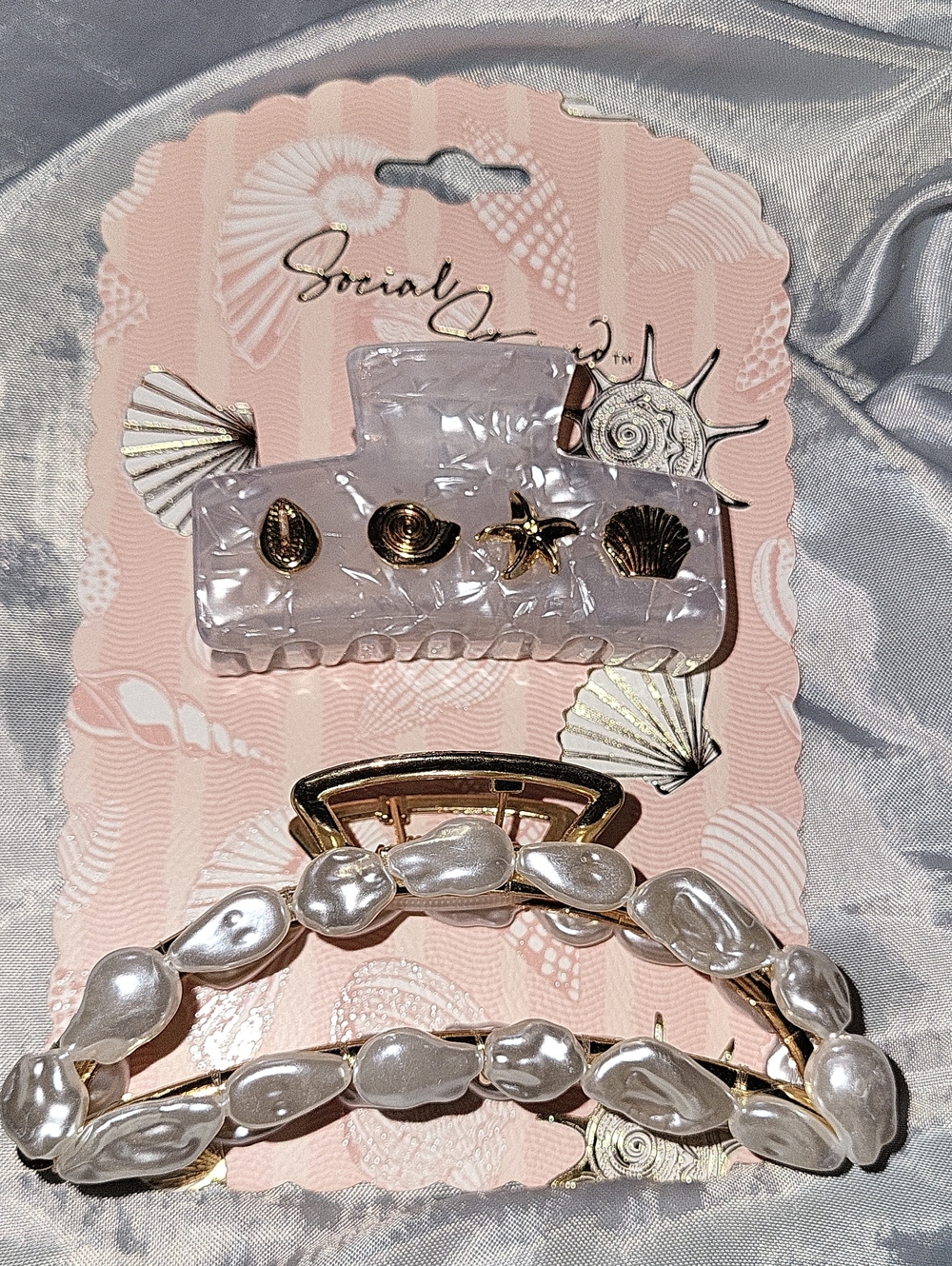 Social Strands Pearl and Shell Hair Clip Set - White Pearlescent Ls